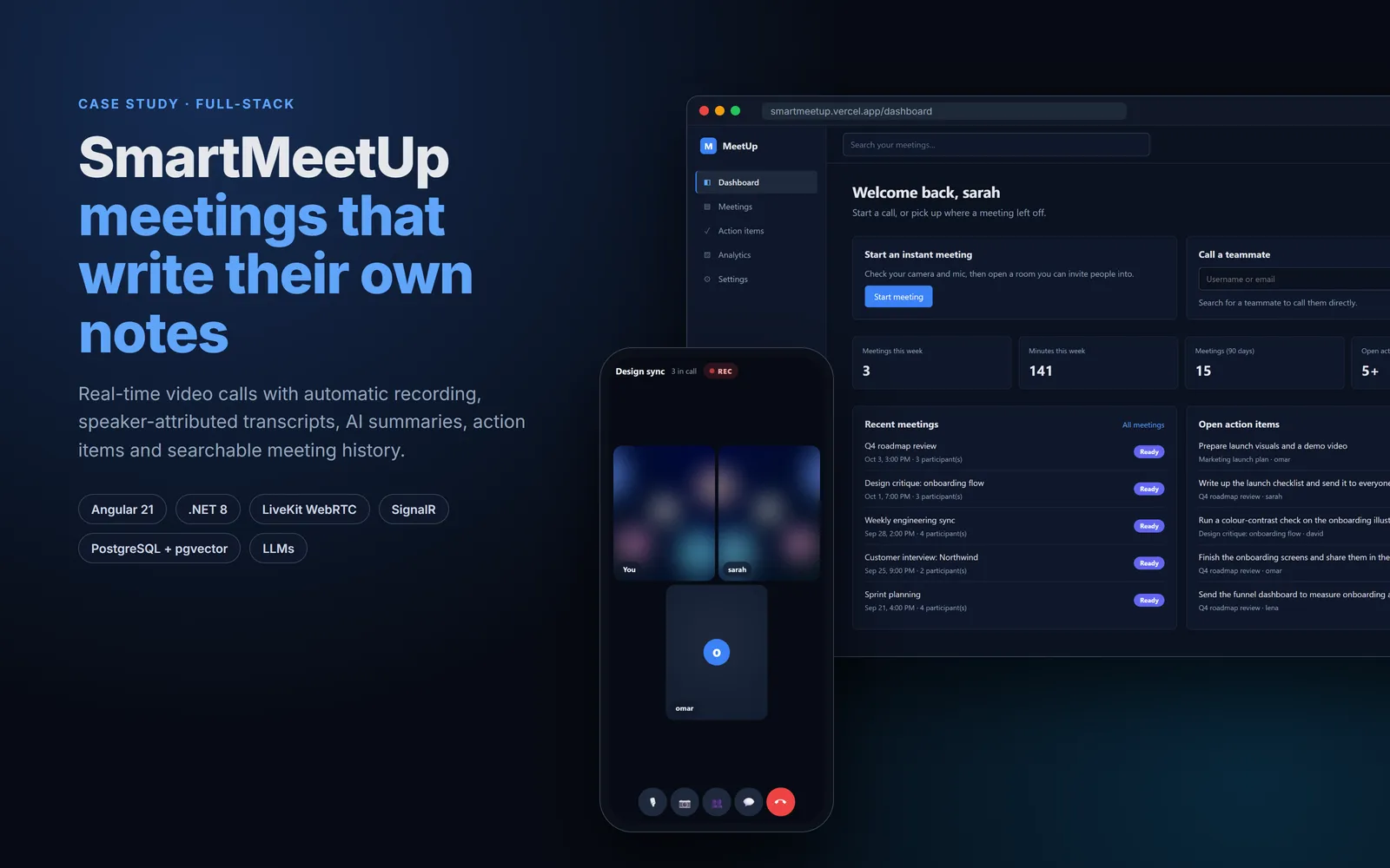 SmartMeetUp dashboard on desktop and a live call on a phone