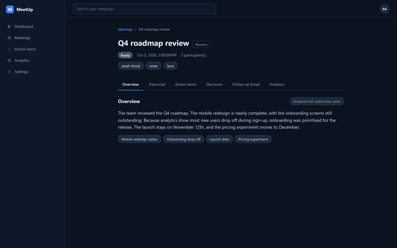 AI summary of a meeting with topics and participants